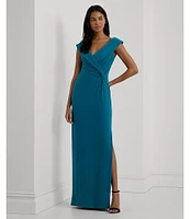 Lauren Ralph Lauren Jersey Surplice V-Neck Cap Sleeve Twist Side Slit Gown