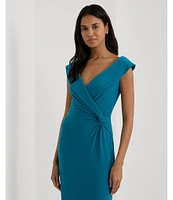 Lauren Ralph Lauren Jersey Surplice V-Neck Cap Sleeve Twist Side Slit Gown