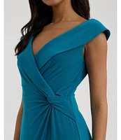 Lauren Ralph Lauren Jersey Surplice V-Neck Cap Sleeve Twist Side Slit Gown