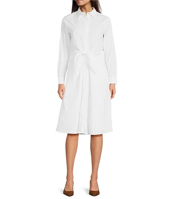 Lauren Ralph Lauren Kahwell Solid Stretch Woven Point Collar Long Sleeve Self Tie Waist Button Front A-Line Dress