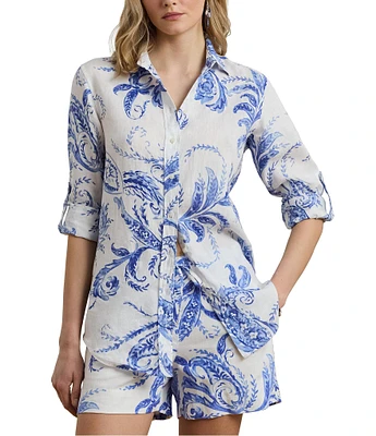 Lauren Ralph Lauren Karrie Point Collar Long Sleeve Relaxed Fit Paisley Linen Shirt