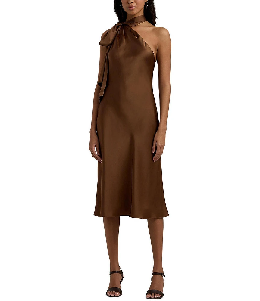 Lauren Ralph Lauren Kassa Satin Charmeuse Asymmetrical Halter Tie Neck Sleeveless Midi Dress