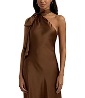 Lauren Ralph Lauren Kassa Satin Charmeuse Asymmetrical Halter Tie Neck Sleeveless Midi Dress