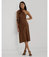 Lauren Ralph Lauren Kassa Satin Charmeuse Asymmetrical Halter Tie Neck Sleeveless Midi Dress