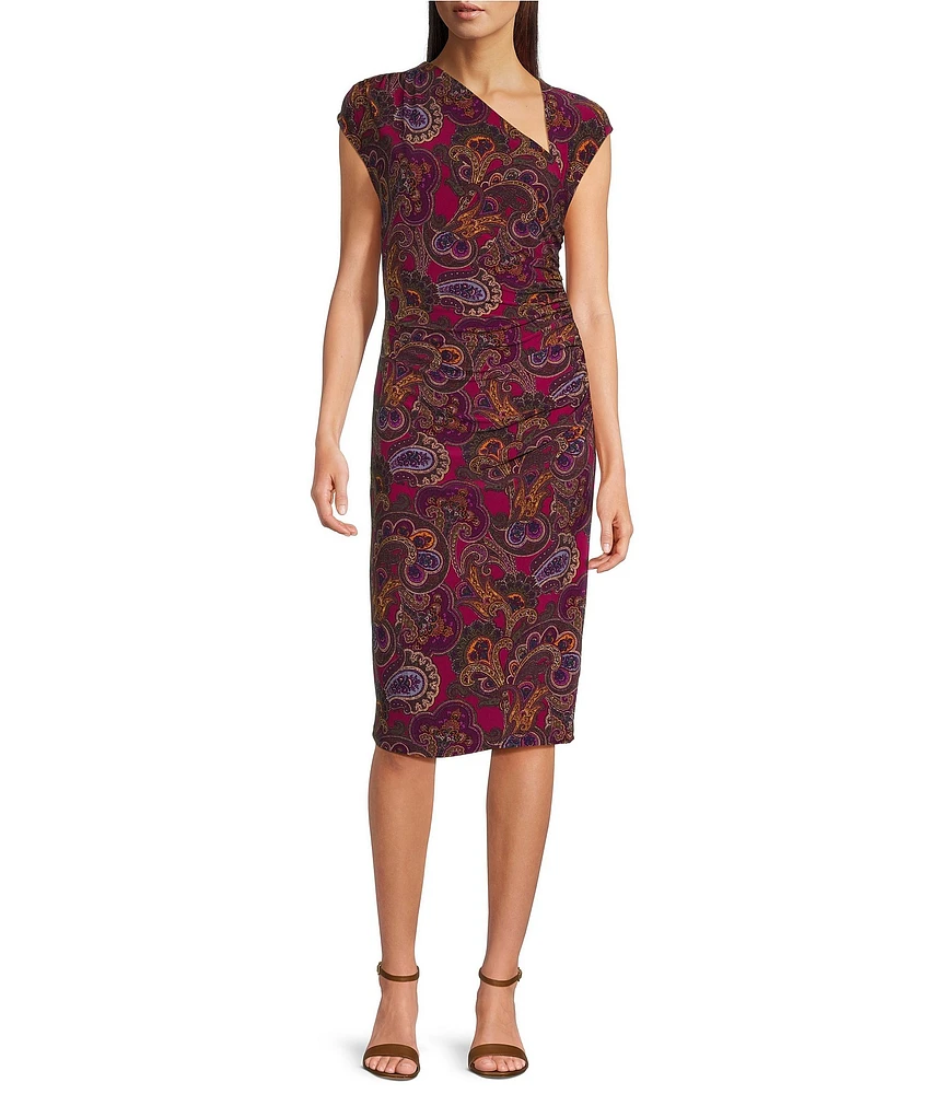 Lauren Ralph Lauren Paisley Stretch Jersey Asymmetrical V-Neckline Cap Sleeve Midi Dress