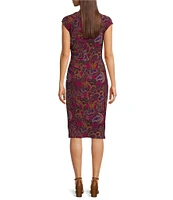 Lauren Ralph Lauren Paisley Stretch Jersey Asymmetrical V-Neckline Cap Sleeve Midi Dress