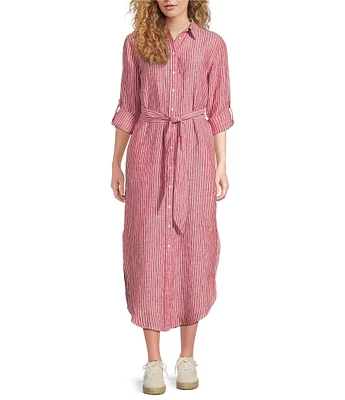 Lauren Ralph Lauren Kiredel Stripe Linen Point Collar Roll-Tab Sleeves Belted Button Front Midi Shirt Dress