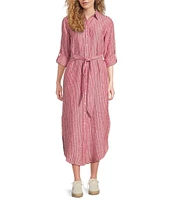 Lauren Ralph Lauren Kiredel Stripe Linen Point Collar Roll-Tab Sleeves Belted Button Front Midi Shirt Dress