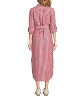 Lauren Ralph Lauren Kiredel Stripe Linen Point Collar Roll-Tab Sleeves Belted Button Front Midi Shirt Dress
