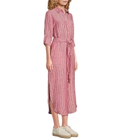Lauren Ralph Lauren Kiredel Stripe Linen Point Collar Roll-Tab Sleeves Belted Button Front Midi Shirt Dress