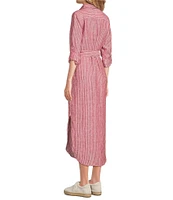 Lauren Ralph Lauren Kiredel Stripe Linen Point Collar Roll-Tab Sleeves Belted Button Front Midi Shirt Dress