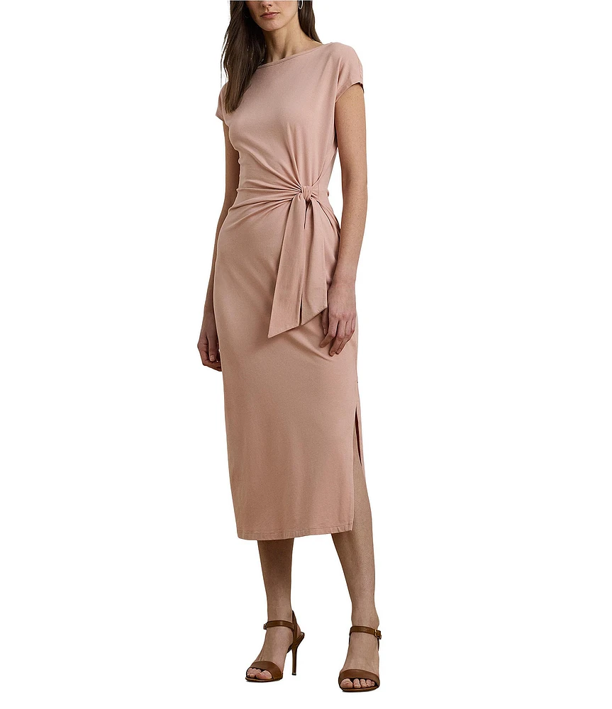 Lauren Ralph Lauren Knit Boat Neck Short Sleeve Front Tie Sheath Midi Dress
