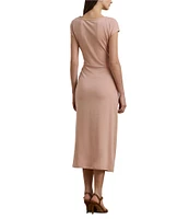 Lauren Ralph Lauren Knit Boat Neck Short Sleeve Front Tie Sheath Midi Dress
