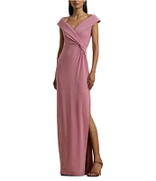 Lauren Ralph Lauren Knit Jersey Off-The-Shoulder Neck Sleeveless Front Twist Sheath Gown