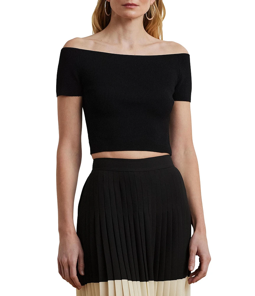 Lauren Ralph Lauren Knit Off-The-Shoulder Short Sleeve Cropped Sweater