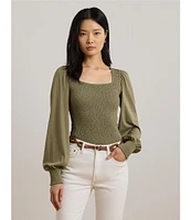 Lauren Ralph Lauren Knit Square Neck Long Blouson Sleeve Top