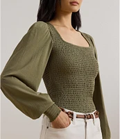Lauren Ralph Lauren Knit Square Neck Long Blouson Sleeve Top