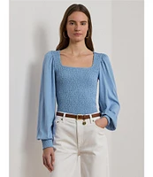 Lauren Ralph Lauren Knit Square Neck Long Blouson Sleeve Top