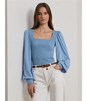 Lauren Ralph Lauren Knit Square Neck Long Blouson Sleeve Top