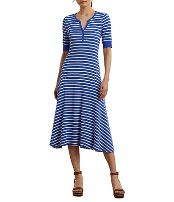 Lauren Ralph Lauren Knit Stripe Print Point Collar Elbow Sleeve Midi Dress