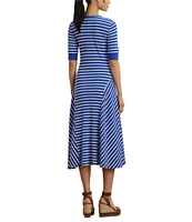 Lauren Ralph Lauren Knit Stripe Print Point Collar Elbow Sleeve Midi Dress