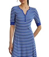 Lauren Ralph Lauren Knit Stripe Print Point Collar Elbow Sleeve Midi Dress