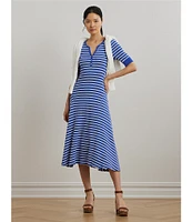 Lauren Ralph Lauren Knit Stripe Print Point Collar Elbow Sleeve Midi Dress