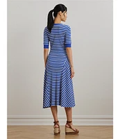 Lauren Ralph Lauren Knit Stripe Print Point Collar Elbow Sleeve Midi Dress