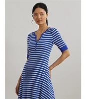 Lauren Ralph Lauren Knit Stripe Print Point Collar Elbow Sleeve Midi Dress