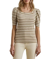 Lauren Ralph Lauren Knit Stripe Print Square Neck Short Puff Sleeve Tee Shirt