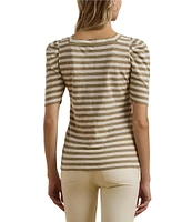Lauren Ralph Lauren Knit Stripe Print Square Neck Short Puff Sleeve Tee Shirt