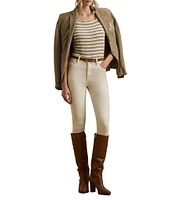 Lauren Ralph Lauren Knit Stripe Print Square Neck Short Puff Sleeve Tee Shirt