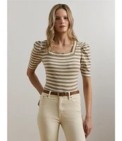 Lauren Ralph Lauren Knit Stripe Print Square Neck Short Puff Sleeve Tee Shirt