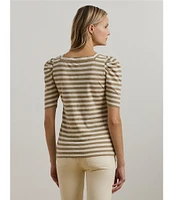 Lauren Ralph Lauren Knit Stripe Print Square Neck Short Puff Sleeve Tee Shirt