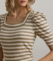 Lauren Ralph Lauren Knit Stripe Print Square Neck Short Puff Sleeve Tee Shirt