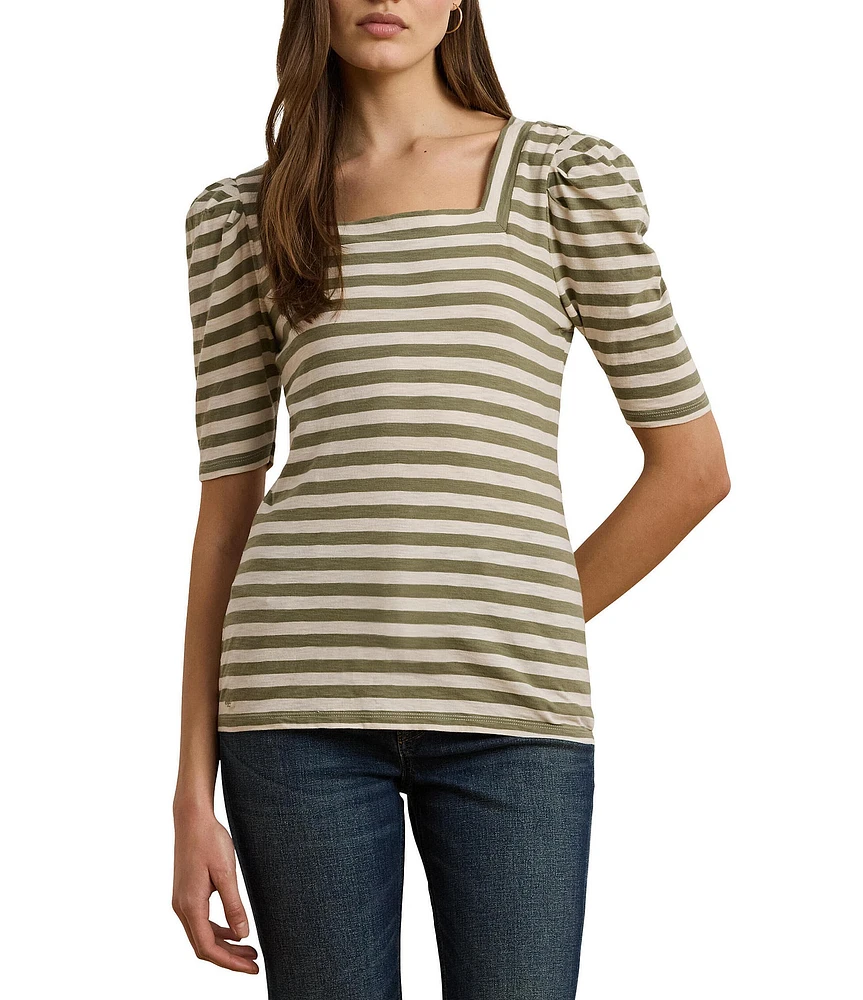 Lauren Ralph Lauren Knit Stripe Print Square Neck Short Puff Sleeve Tee Shirt
