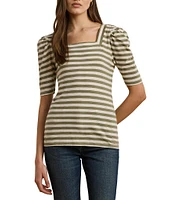 Lauren Ralph Lauren Knit Stripe Print Square Neck Short Puff Sleeve Tee Shirt