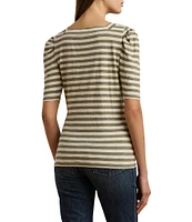 Lauren Ralph Lauren Knit Stripe Print Square Neck Short Puff Sleeve Tee Shirt