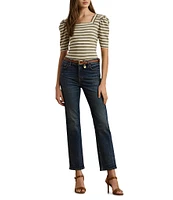 Lauren Ralph Lauren Knit Stripe Print Square Neck Short Puff Sleeve Tee Shirt