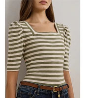 Lauren Ralph Lauren Knit Stripe Print Square Neck Short Puff Sleeve Tee Shirt