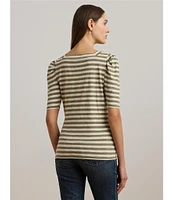 Lauren Ralph Lauren Knit Stripe Print Square Neck Short Puff Sleeve Tee Shirt