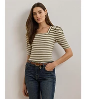 Lauren Ralph Lauren Knit Stripe Print Square Neck Short Puff Sleeve Tee Shirt