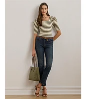 Lauren Ralph Lauren Knit Stripe Print Square Neck Short Puff Sleeve Tee Shirt