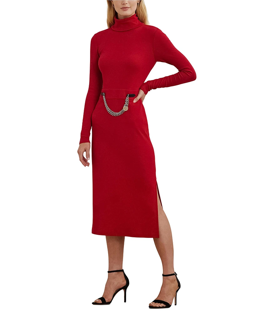 Lauren Ralph Lauren Knit Turtle Neck Long Sleeve Chain Detail Midi Dress