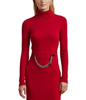 Lauren Ralph Lauren Knit Turtle Neck Long Sleeve Chain Detail Midi Dress