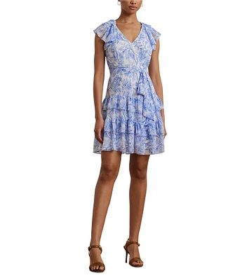 Lauren Ralph Lauren Kugonza Georgette V-Neck Short Flutter Sleve Ruffle Trim Floral Printed Fit and Flare Dress