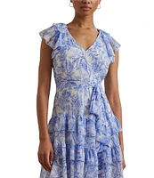 Lauren Ralph Lauren Kugonza Georgette V-Neck Short Flutter Sleve Ruffle Trim Floral Printed Fit and Flare Dress