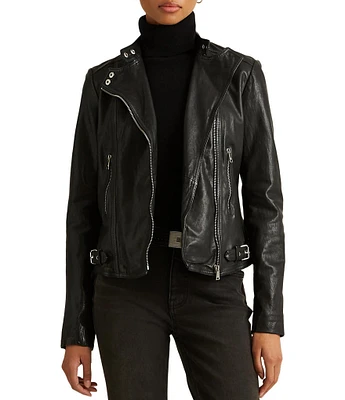 Lauren Ralph Lauren Lambskin Leather Long Sleeve Moto Statement Jacket