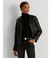 Lauren Ralph Lauren Lambskin Leather Long Sleeve Moto Statement Jacket