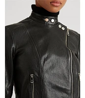 Lauren Ralph Lauren Lambskin Leather Long Sleeve Moto Statement Jacket